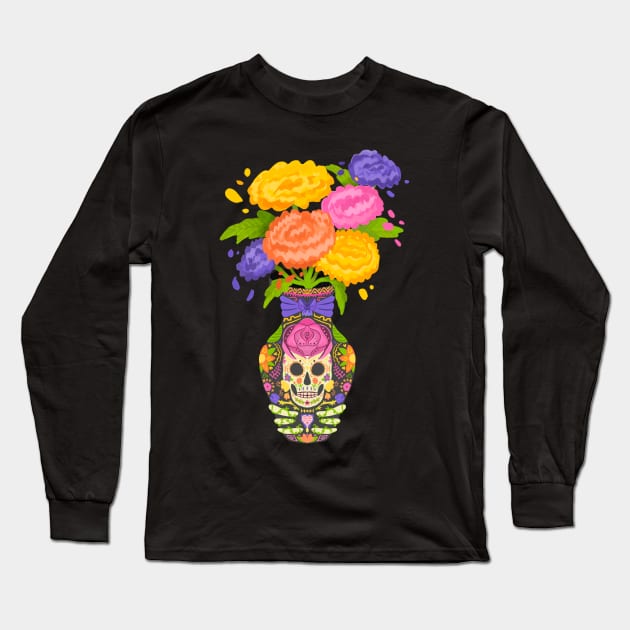 Day of the Dead Flower Vase with Marigolds Long Sleeve T-Shirt by narwhalwall